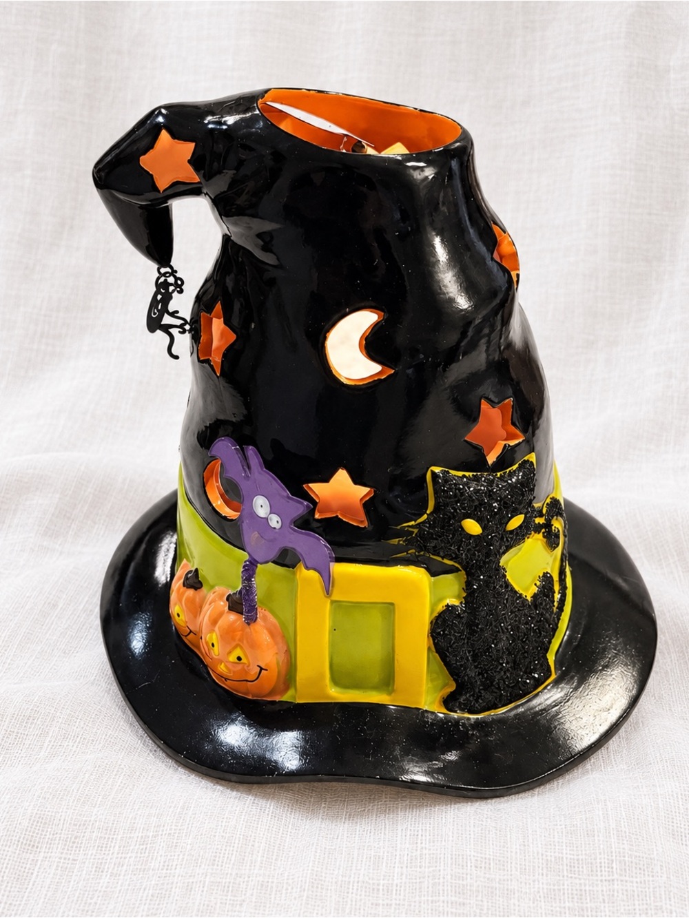 PartyLite Halloween Witch Hat Ceramic Tealight Candle Holder Black Cat Ghost 7”